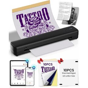Wireless Tattoo Stencil Printer with 10 pcs of Transfer Paper&10 pcs US Letter Paper,Tattoo Printer Machine for Tattoo Artists& Beginners,Compatible with Phone&PC