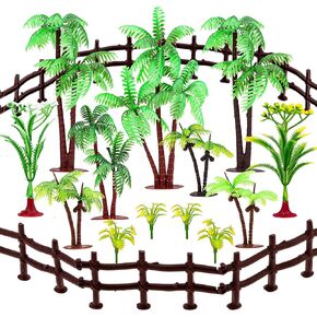 Folmywy 18 Pcs Miniature Palm Coconut Tree Model Micro Rainforest Diorama Supplies with Base Fence Mixed Plastic Trees Plant Accessories for DIY Crafts Cake Topper Train Railroad Garden