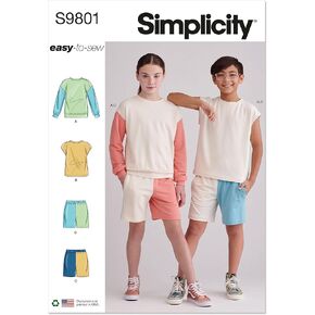 Simplicity Easy Girls' and Boys' Sweatshirts and Shorts Sewing Pattern Packet, Design Code S9801, Sizes 7-8-10-12-14, Multicolor