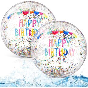2 Pack Large Birthday Beach Balls for Pool Birthday Party 22 Inch Inflatable Clear Beach Balls with Glitter Sequins Inside for Pool Swimming Party Favors Decorations Outdoor Game