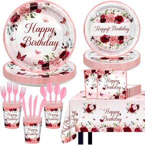 Burgundy Birthday Party Decorations 169 Pcs Burgundy Plates and Napkins Cups Tablecloth Serve 24 Rose Gold Floral Butterfly Party Supplies for Women Girl