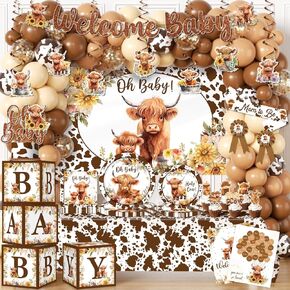 Highland Cow Baby Shower Decorations Include Brown Holy Cow Print Plates and Napkins, Banners, Cake Topper, Tablecloth, Balloon, Highland Cow Birthday Decorations for Boy Baby Shower Cow Themed Party