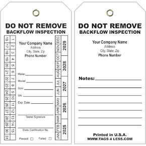 Tags 4 Less Custom Printed Backflow Inspection Tags – 2 5/8" x 5 1/4" Maintenance Record Tag for Backflow Test, Waterproof Heavy Duty Vinyl Plastic for Record-Keeping (Choose Color, Pack of 100)