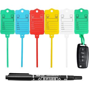 100PCS Car Key Tags with Labels Plastic Car Dealership Key Tags Self Locking Waterproof Auto Identifiers Keychain Labels for Office Shop Automotive RV Dealer Supplies (Green)