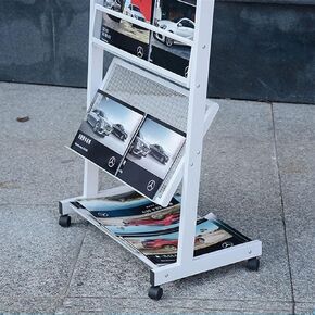 Floor-Standing Magazine Racks with Casters Newspaper Poster Racks Color Flyer Display Racks Information Display Racks(White)