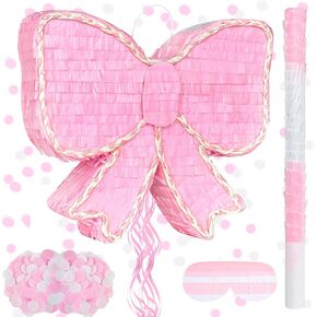 Pink Bow Piñata Bow Party Piñata with Tassel Wooden Stick Paper Blindfold Mask Confetti Set for Pink Bows Birthday School Wedding Anniversary Bachelor Party Decoration, 15.8 x 12.6 x 3 Inch