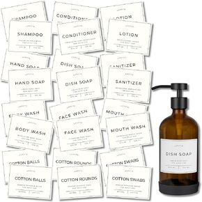Waterproof Labels for Amber Glass Soap Dispenser and Plastic Bottles 3.15"x2.35" Peel & Stick - Kitchen, Bathroom & Shower Set - 21 Pieces (Gold Set)