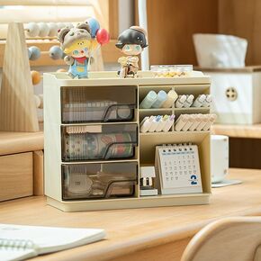 Desktop Organizer with 3M Adhesive Accessories, 3 Drawer Pencil Holder for Desk with Dividers, Perfect for Office Supplies, Stationery, and Small Items, Beige and Transparent Design