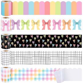 Fuutreo 5 Rolls 164 ft School Girl Bulletin Board Borders Girl Style Colorful Bow Scalloped Border Trim Pastel Pink Bulletin Board Decorations for Classroom Home Office Chalkboard Decor(Bow)