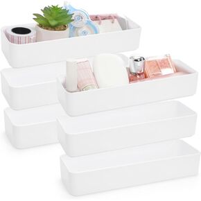 6 Pack Plastic Drawer Organizer, White Stackable Vanity Storage Tray, Narrow Rectangular Organizer Bins for Makeup, Bathroom, Kitchen, Office Desktop Supplies, 10'' x 3.3'' x 1.8''