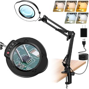 10X Magnifying Glass with Light, 5 Color Modes Stepless Dimmable LED Desk Lamp, Hands Free Lighted Magnifying Glass for Close Work Reading Craft Hobby