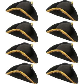 8 Pack Felt Pirate Tricorn Hat Black Buccaneer Hat with Gold Trimming for Halloween Masquerade Party Role Play Outfit Accessories