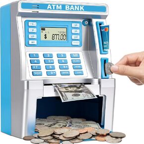 Blue Piggy Bank for Kids, ATM Machine Bank for Real Money with Debit Card, Bill Feeder, Coin Recognition, Balance Calculator, Electronic Savings Safe Box, Gifts for Teen Boy Girl