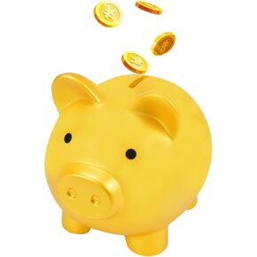 Cute Piggy Bank for Kids, Unbreakable Plastic Money Bank, Pig Money Box Coin Bank for Cash, Large Size Decoration Saving Jar, Ideal Christmas, Birthday Gift for Boys and Girls (Gold, Large)