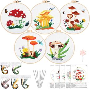 5 Sets Mushroom Embroidery Kit for Beginners with Pattern and Instructions Include Embroidery Cloth Hoops Threads for Craft Lover Hand Stitch DIY Adult Hand Needlepoint