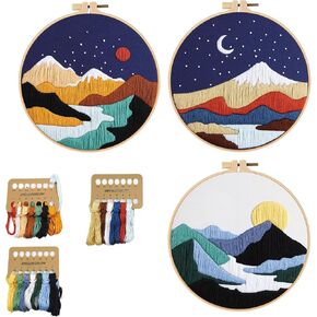 LUSTERING Embroidery Kit Beginner, Punch Needle and Cross Stitch Kits for Adults, Embroidery Kit for Beginners Complete DIY Craft Set with 1 Embroidery Hoop and Color Threads (Embroidery Kit-03)(3Pcs)