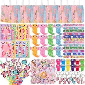 LiYiQ 134 Pcs Axolotl Party Favors included Squeeze Toys Straws Keychains Stamps Slap Bracelets Make Your Own Axolotl Stickers and Gifts Bags for Axolotl Birthday Party Supplies