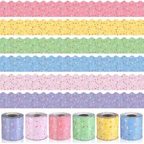 Fuutreo 196. 8ft Donut Bulletin Board Borders Classroom 6 Rolls Colorful Sweet Sprinkles Scalloped Trim Bulletin Board Decorations for School Whiteboard Cork Poster Board Chalkboard Wall