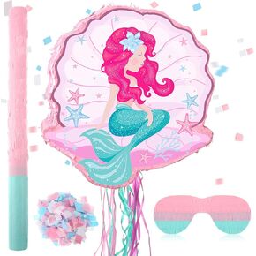 Ferraycle Mermaid Piñata for Birthday Party Girl, Mermaid Party Supplies Piñata with Blindfold, Bat and Confetti, Sea Ocean Theme Decorations for Games Celebration Activities, 13.39 x 13.78 inch