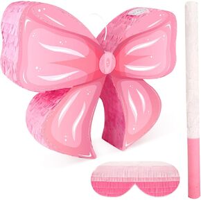 Bow Pinata Birthday Decorations for Kids, Pink Bow Pinata with Bat Stick Blindfold Mask for Girls Pink Princess Theme Birthday Bridal Celebration Baby Shower Party Supplies（15.75x12.60x3.15 Inches)