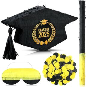 HyDren 2025 Graduation Piñata Decorations 16 Inch Class of 2025 Graduation Cap Piñata with Blindfold Bat and Confetti for College Middle School Elementary Congrats Grad Party Supplies(Classic Style)