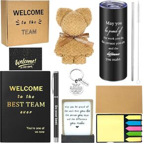 9 Pcs New Employee Welcome Gifts Employee Appreciation Gift Set Includes Wooden Table Sign Thermos Cup Bear Towel Notebook Pen Note Key Chain Greeting Card Gift Box for Team Worker Anniversary Present