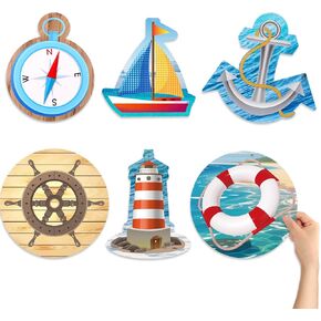 6 Styles Large Nautical Cutouts 11 Inches Double Printed Cabin Scenery Nautical Accents Anchor Sailboat Lighthouse Beach Lifebuoy Seagull Decorations for Bulletin Board Party Supplies