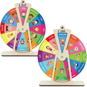 2Pcs Wooden Feelings Wheel Emotion Wheel with Stand 9.5Inch Therapy Office Desk Decor Expression Emotions Chart Mental Health Gifts Therapist Must Have Feelings Poster Sign Emotional Psychology Tool