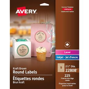 Avery Round Brown Kraft Print-to-The-Edge Labels, 2.5" Dia, 225/pk