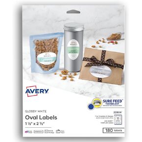 Avery® Easy Peel® Print-To-The-Edge Permanent Inkjet/Laser Oval Labels, 22804, 1 1/2" x 2 1/2", Glossy White, Pack Of 180