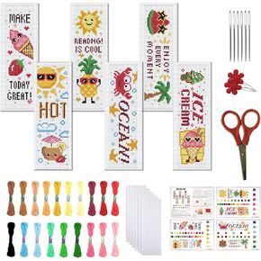 FREEBLOSS 6 Set Cross Stitch Bookmark Kits for Beginner Cartoon Summer Stamped Cross Stitch Kit DIY Embroidery Bookmark Kit with Instructions 8'' x 2.4''