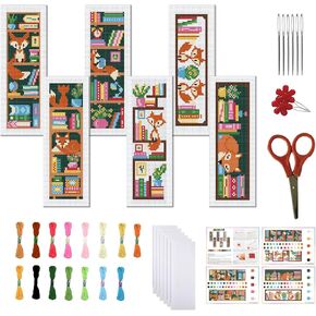 FREEBLOSS 6 Set Cross Stitch Bookmark Kits Fox Bookshelf Pattern Stamped Embroidery Kit Stitch Bookmarks DIY Book Marks Printed Cross Stitch Kits with Instructions for Beginners Adults, 8''x2.4''