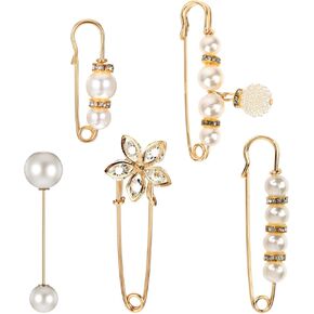 5 Pcs Safety Pins for Clothes, Brooch Pins Faux Pearl Brooches Decorative Dress Pin Hat Charms Pin Set for Women Clothing Dress Pants Skirt Waist Shawl Sweater Jewelry Decoration Accessories (Gold)