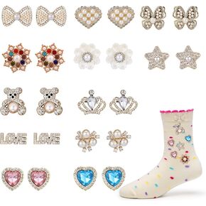 24pcs Sock Charms Pins, 12 Styles Safety Pins Rhinestones and Pearls Brooch Pins Bling Junk Sock Jewelry Charms for Clothes Hats Shoes Scarf Sambas