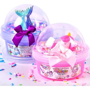 Finoclay Butter Slime kit, MicroWorld 2 Pack Clear & Fluffy Slime for Kids, Unicorn Mermaid Theme Party Favors with 6 Slime add ins, Unicorn Kids Toy Birthday Gifts for Girls Age 8-12