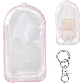 Display Bag for Dolls, 7.68x4.13 Inch Waterproof PVC Carrying Case with Pompoms & Keychain Clear Figure Display Bag for Doll (Purple)