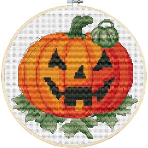 Generic Counted Easy Cross Stitch Kits Pumpkin Halloween Color Stamped Embroidery for Starter Kits DIY 11CT Stamped Patterns Embroidery Needlework Kit Supplies 12 Inch Hoop Included(52-f)