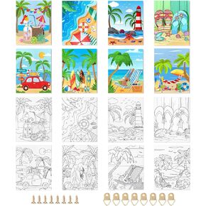 8PCS 8x10 Inches Summer Beach Pre Drawn Canvas to Paint, Art Kit for Adults & Kids, Perfect for Sip and Paint Parties