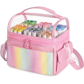 Marker Organizer Case for up to 72 Markers, Marker Storage Bag with Detachable Divider and 3 Extra Pockets, PVC Top Easy Find Your Need, Handle and Shoulder Strap, Purple (Case Only)