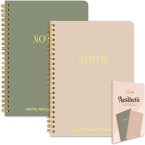 Decorably 2 Pack Journal Spiral, 53 Sheets Gold Foiled 5.8x8in Spiral Notebook Aesthetic with Lined Pages and Built-In Back Pocket for Notes and Ideas - Notebooks for Work, School, Home