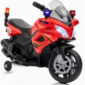 Kids Motorcycle, 6V Electric Motorcycle for Kids with Detachable Training Wheels, Realistic Music, Headlights, Police Light, Motorbike for Kids, Red