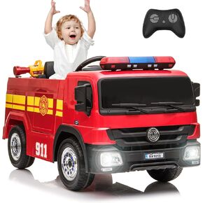 Arlopu 12V Ride on Fire Truck, Kids Electric Vehicle, Battery Powered Car Toy w/Remote Control, Power Motorized Driving Car, Simulation Electric Fire Vehicle w/Spring Suspension Toy Gun, Birthday