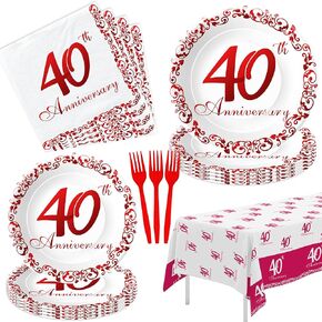 40th Anniversary Decorations Party Tableware - Ruby 40th Wedding Anniversary Party Supplies, Paper Plates, Napkins, Tablecloth, Disposable Forks | Serves 24