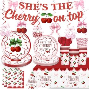 Cherry On Top Baby Shower Decorations, She's the Cherry on Top Banner Hanging Swirls Plates and Napkins Party Decorations 2 Pcs Tablecloth Summer Fruit Baby Shower Decorations for Girl