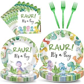 100Pcs Dinosaur Baby Shower Party Decorations for Boy Dino Paper Plates and Napkins Set Dino Birthday Dinner Tableware Decorations Dinosaur Rawr Its a Boy Baby Shower Birthday Party Supplies Serves 25