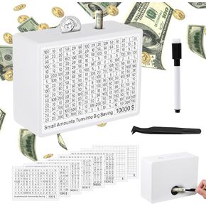 Cash Vault Wooden Savings Box, Piggy Bank for Adults Kids with 8 Saving Targets 500-10000 Challenge Box Money Saving Goals, White One Piece Coin Cash Saver Storage Case Bank No Install Required