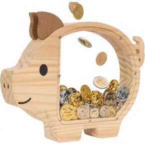 Large Wooden Piggy Bank for Kids, Cute Piggy Bank for Boys and Girls, Unbreakable Wood Coin Bank with Shatter Resistant Plexiglass, Money Banks for Kids Toddler Birthday