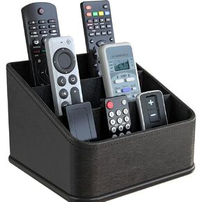 JACKCUBE Remote Control Holder with 3 Compartments, PU Leather Remote Caddy Desktop Organizer for TV, DVD, Blu-Ray, Media Player, Heater Controllers (Black) - MK122B