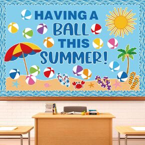 82 Pcs Summer Beach Ball Bulletin Board Decorations Having A Ball This Summer Hawaiian Beach Paper Cutouts with 150 Pcs Glue Points for Tropical Pool Party Classroom Decor