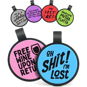 GoTags Silent Silicone Dog Tags, Oh Sh*t I'm Lost Funny Design, Personalized Silent Tag Engraved for Dogs and Cats, Round